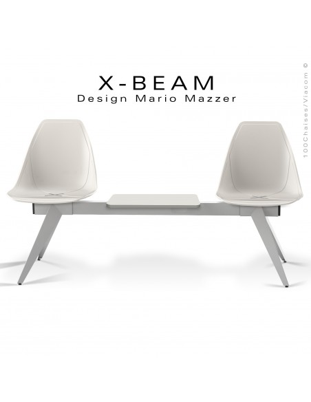 Banc design X-BEAM, avec tablette, structure acier peint gris-argent, assise coque plastique blanc avec incrustation bois.