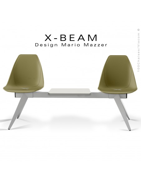 Banc design X-BEAM, avec tablette, structure acier peint gris-argent, assise coque plastique kaki avec incrustation bois.