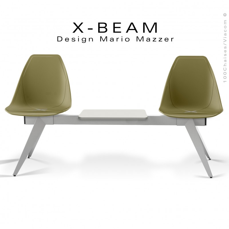 Banc design X-BEAM, avec tablette, structure acier peint gris-argent, assise coque plastique kaki avec incrustation bois.
