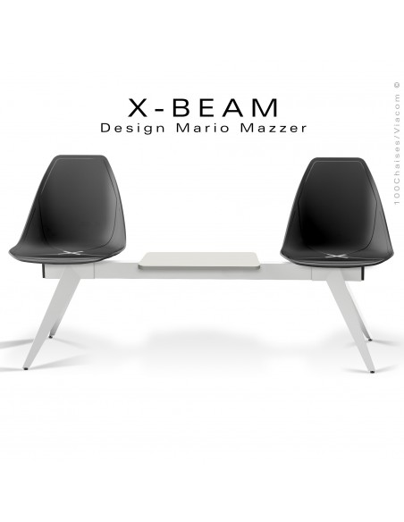 Banc design X-BEAM, avec tablette, structure acier peint blanc, assise coque plastique anthracite avec incrustation bois.