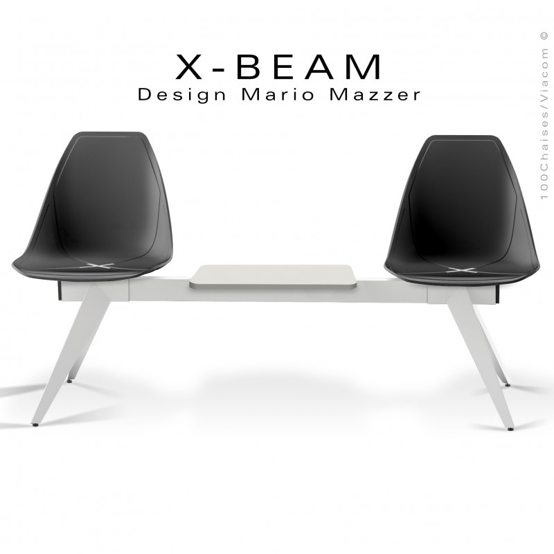 Banc design X-BEAM, avec tablette, structure acier peint blanc, assise coque plastique anthracite avec incrustation bois.