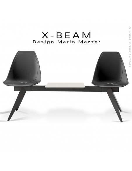 Banc design X-BEAM, avec tablette, structure acier peint anthracite, assise coque plastique anthracite avec incrustation bois.