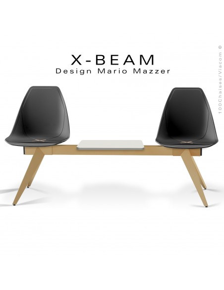 Banc design X-BEAM, avec tablette, structure acier peint sable, assise coque plastique anthracite avec incrustation bois.