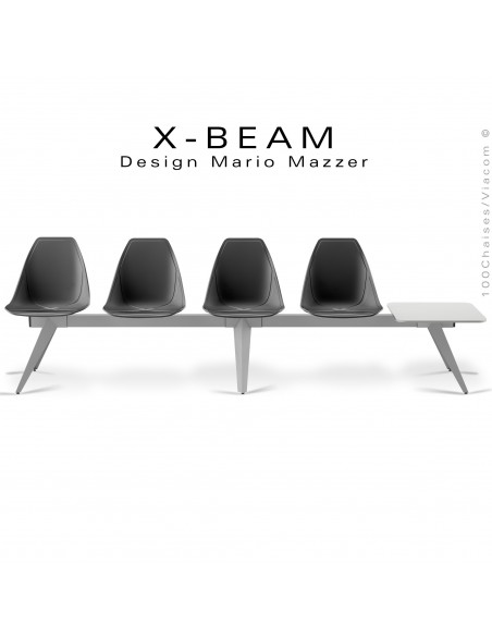 Banc design X-BEAM, structure acier peint aluminium, assise coque plastique anthracite avec incrustation bois.