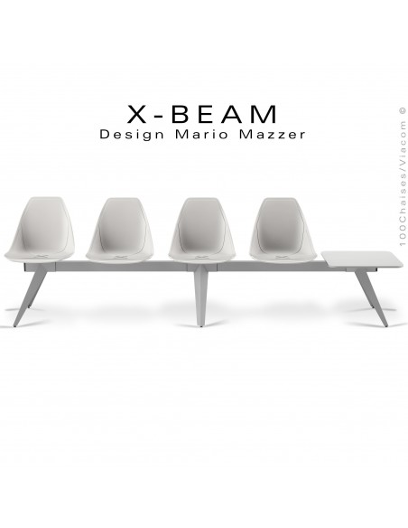 Banc design X-BEAM, structure acier peint aluminium, assise coque plastique blanc avec incrustation bois.