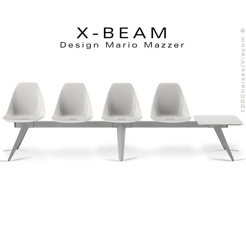 Banc design X-BEAM, structure acier peint aluminium, assise coque plastique blanc avec incrustation bois.