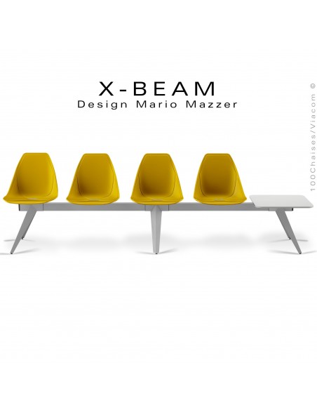 Banc design X-BEAM, structure acier peint aluminium, assise coque plastique jaune avec incrustation bois.