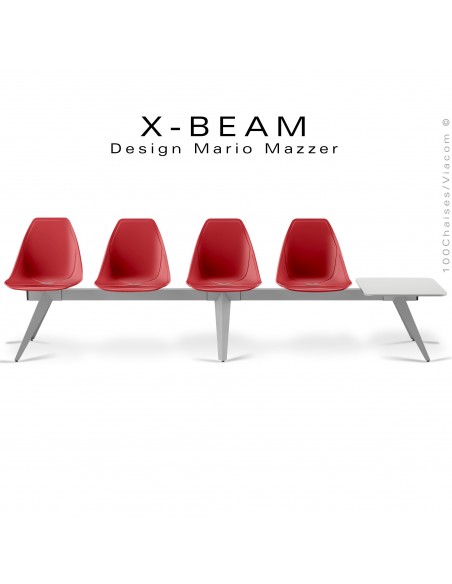 Banc design X-BEAM, structure acier peint aluminium, assise coque plastique rouge avec incrustation bois.