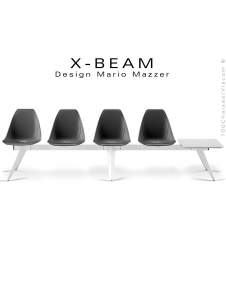 Banc design X-BEAM, structure acier peint blanc, assise coque plastique anthracite avec incrustation bois.