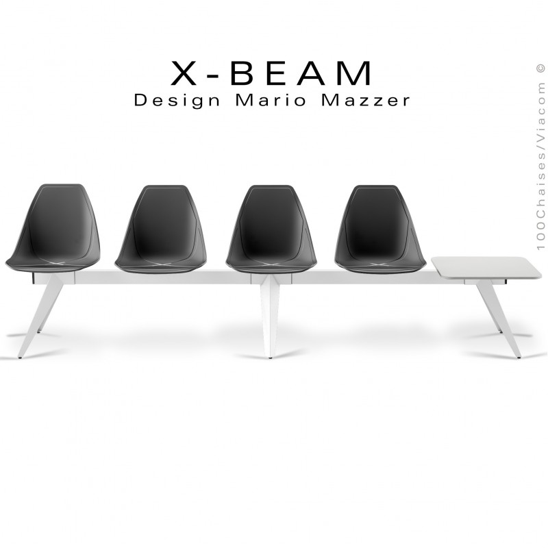 Banc design X-BEAM, structure acier peint blanc, assise coque plastique anthracite avec incrustation bois.