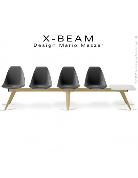 Banc design X-BEAM, structure acier peint sable, assise coque plastique anthracite avec incrustation bois.