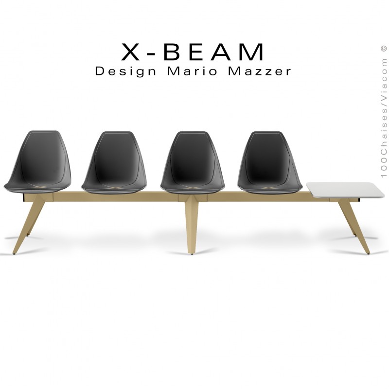 Banc design X-BEAM, structure acier peint sable, assise coque plastique anthracite avec incrustation bois.