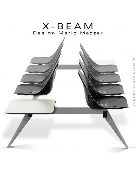 Banc design X-BEAM, structure acier peint aluminium, assise coque plastique anthracite avec incrustation bois.