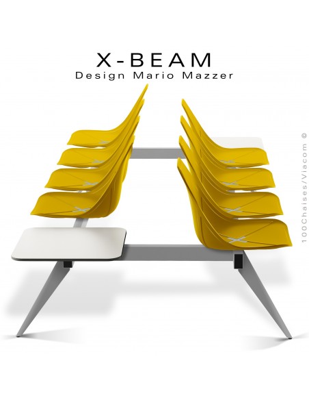Banc design X-BEAM, structure acier peint aluminium, assise coque plastique jaune avec incrustation bois.
