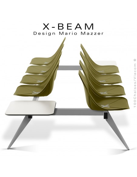 Banc design X-BEAM, structure acier peint aluminium, assise coque plastique kaki avec incrustation bois.
