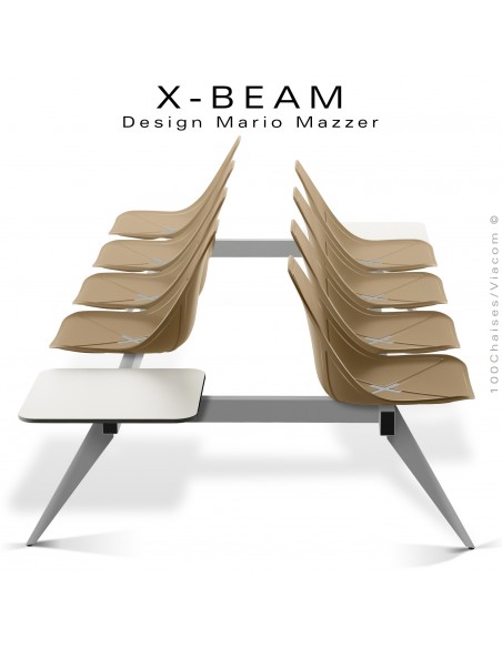 Banc design X-BEAM, structure acier peint aluminium, assise coque plastique sable avec incrustation bois.