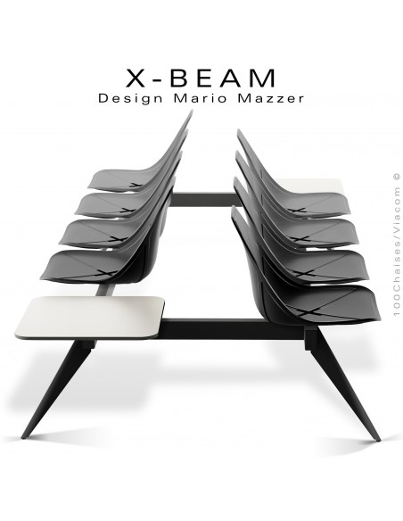 Banc design X-BEAM, structure acier peint noir, assise coque plastique anthracite avec incrustation bois.