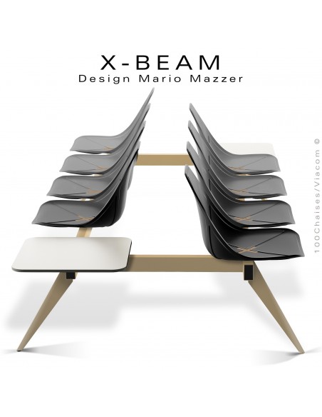 Banc design X-BEAM, structure acier peint sable, assise coque plastique anthracite avec incrustation bois.