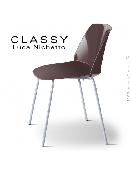 Chaise CLASSY, piétement acier peint aluminium blanc, coque plastique argile.