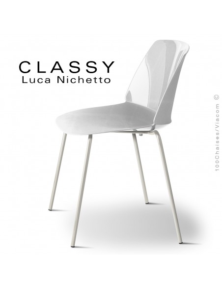 Chaise CLASSY, piétement acier peint blanc pur, coque plastique blanc signalisation.