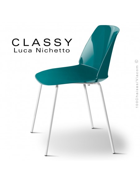 Chaise CLASSY, piétement acier peint blanc signalisation, coque plastique bleu d'eau.