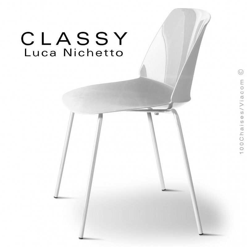 Chaise CLASSY, piétement acier peint blanc signalisation, coque plastique blanc signalisation.