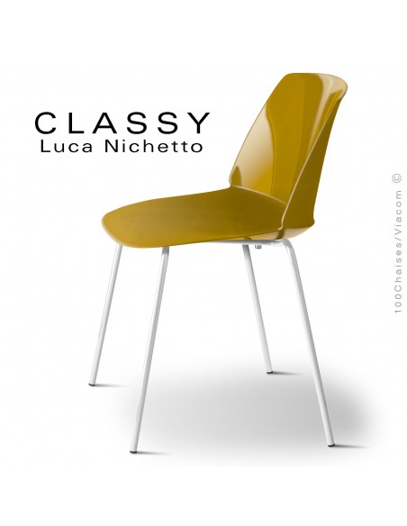 Chaise CLASSY, piétement acier peint blanc signalisation, coque plastique jaune curry.