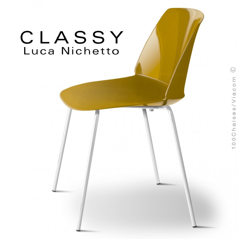 Chaise CLASSY, piétement acier peint blanc signalisation, coque plastique jaune curry.