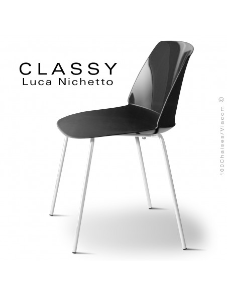 Chaise CLASSY, piétement acier peint blanc signalisation, coque plastique noir foncé.