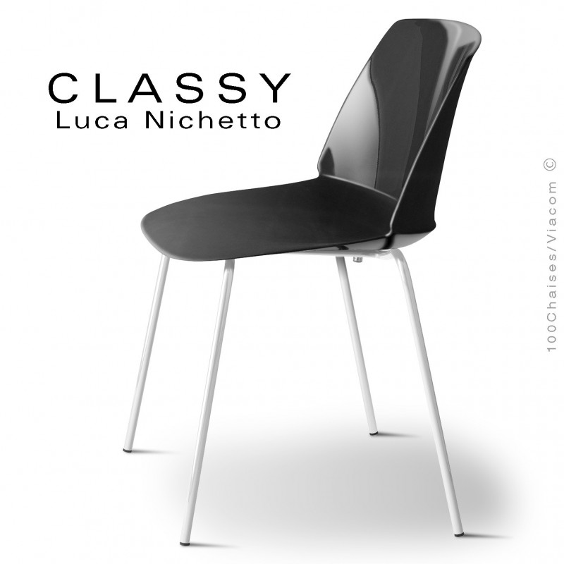 Chaise CLASSY, piétement acier peint blanc signalisation, coque plastique noir foncé.