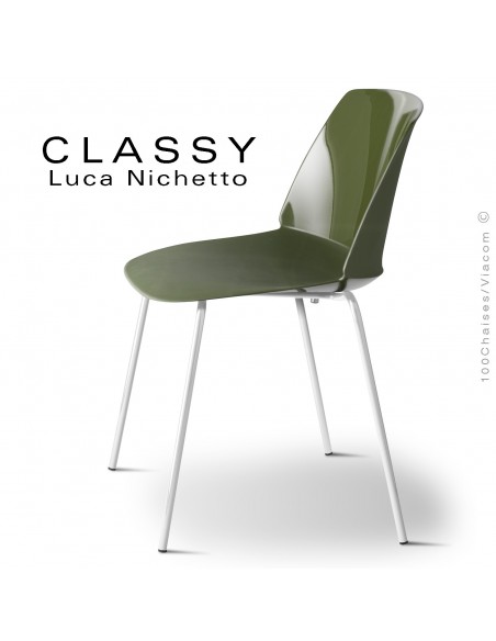 Chaise CLASSY, piétement acier peint blanc signalisation, coque plastique vert olive.