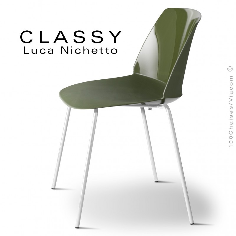 Chaise CLASSY, piétement acier peint blanc signalisation, coque plastique vert olive.