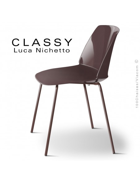 Chaise CLASSY, piétement acier peint brun chocolat, coque plastique argile.