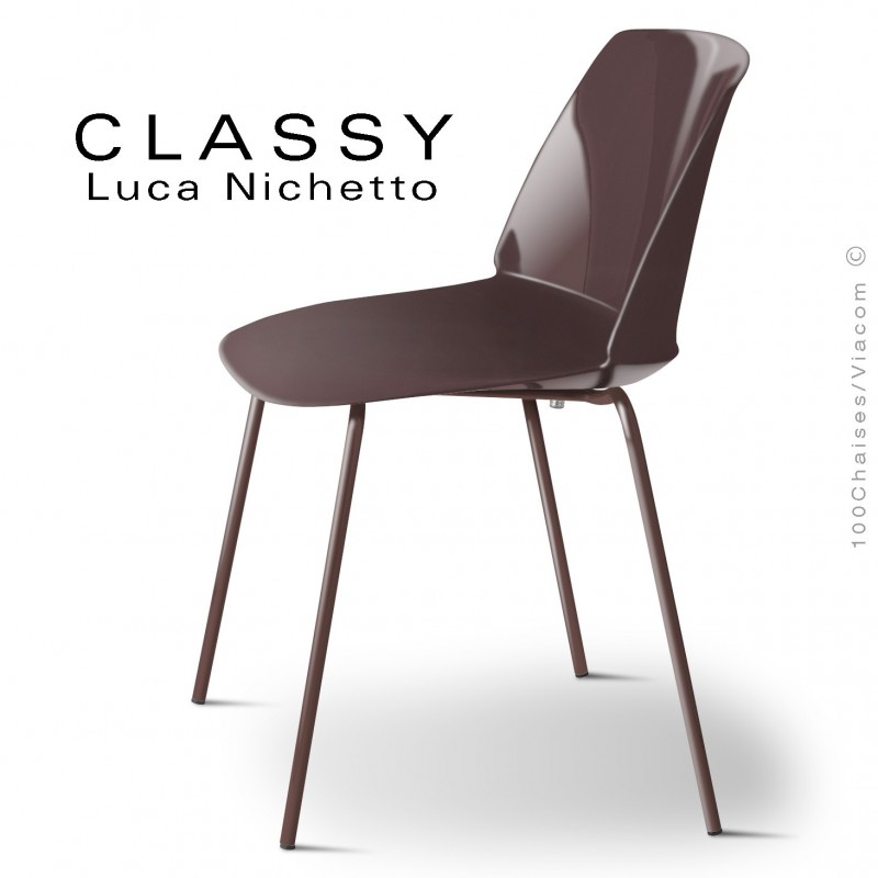 Chaise CLASSY, piétement acier peint brun chocolat, coque plastique argile.