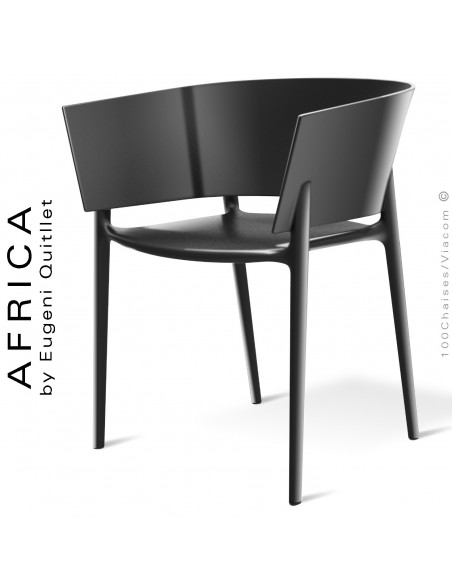 Fauteuil d'aspect laquer pour extérieur ou terrasse AFRICA, structure et assise coque plastique noir - Lot de 4 pièces.