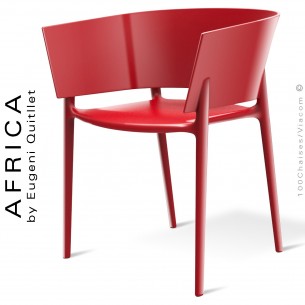 Fauteuil d'aspect laquer pour extérieur ou terrasse AFRICA, structure et assise coque plastique rouge - Lot de 4 pièces.