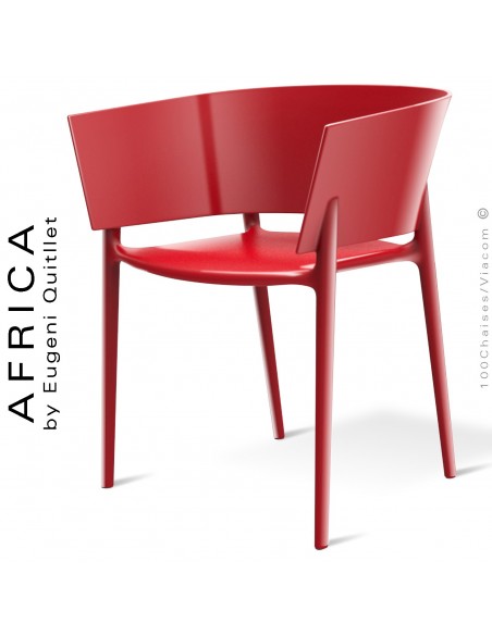 Fauteuil d'aspect laquer pour extérieur ou terrasse AFRICA, structure et assise coque plastique rouge - Lot de 4 pièces.