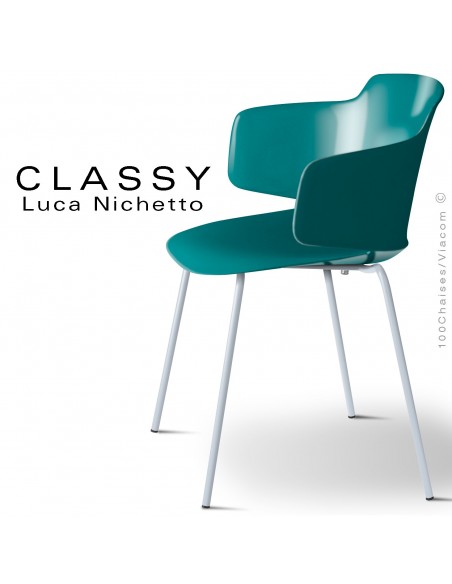 Fauteuil CLASSY, piétement acier peint aluminium blanc, coque plastique bleu d'eau.