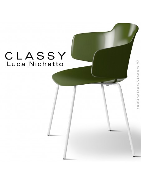 Fauteuil CLASSY, piétement acier peint blanc signalisation, coque plastique vert olive.