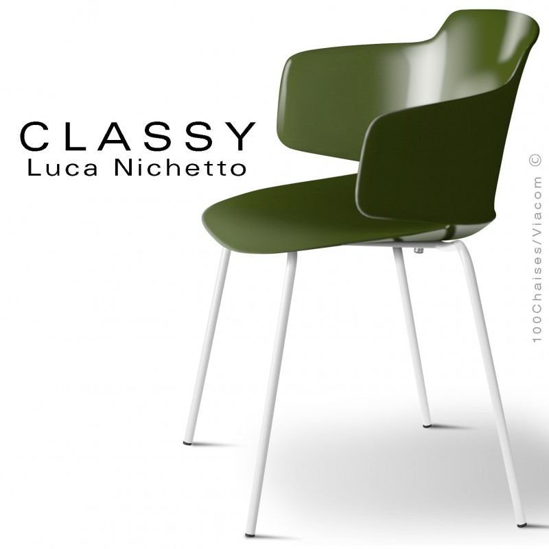 Fauteuil CLASSY, piétement acier peint blanc signalisation, coque plastique vert olive.