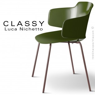 Fauteuil CLASSY, piétement acier peint brun chocolat, coque plastique vert olive.