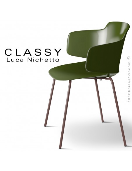 Fauteuil CLASSY, piétement acier peint brun chocolat, coque plastique vert olive.