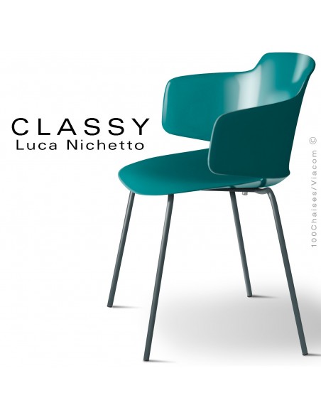 Fauteuil CLASSY, piétement acier peint gris anthracite, coque plastique bleu d'eau