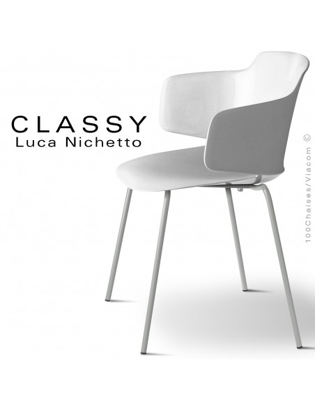 Fauteuil CLASSY, piétement acier peint gris poussière opaque, coque plastique blanc signalisation.