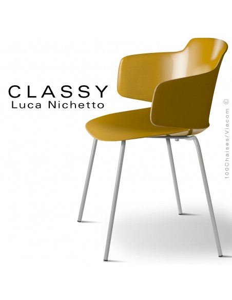 Fauteuil CLASSY, piétement acier peint gris poussière opaque, coque plastique jaune curry.