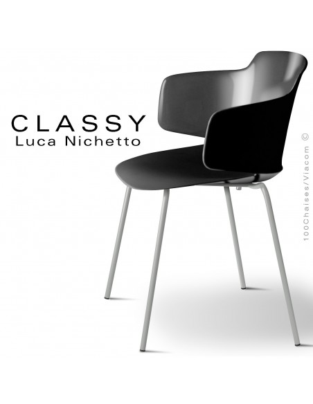 Fauteuil CLASSY, piétement acier peint gris poussière opaque, coque plastique noir foncé.