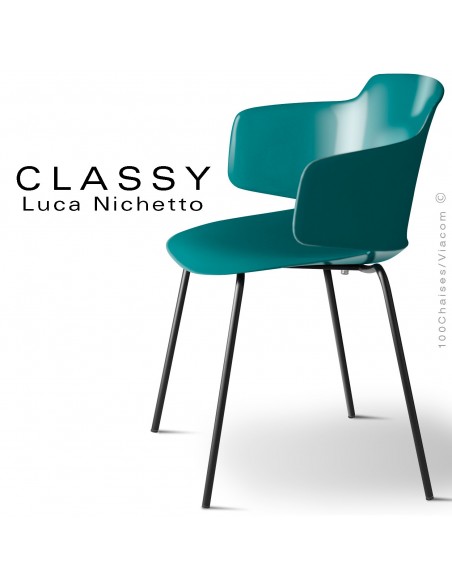 Fauteuil CLASSY, piétement acier peint noir foncé, coque plastique bleu d'eau.