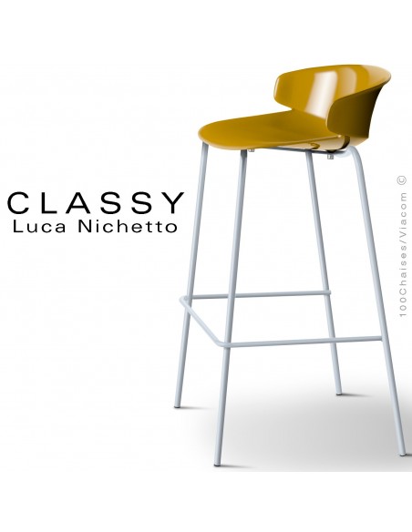 Tabouret CLASSY, piétement acier peint aluminium blanc, coque plastique jaune curry.