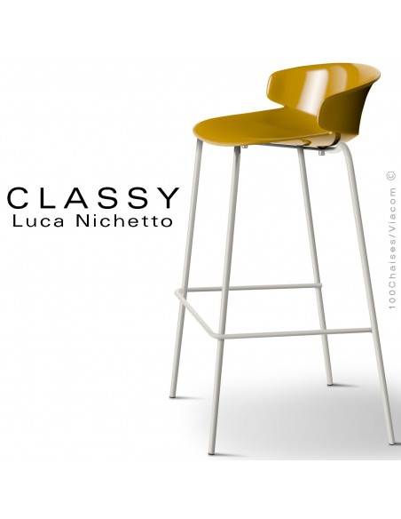 Tabouret CLASSY, piétement acier peint blanc pur, coque plastique jaune curry.