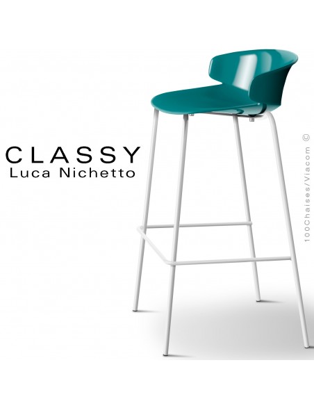 Tabouret CLASSY, piétement acier peint blanc signalisation, coque plastique bleu d'eau